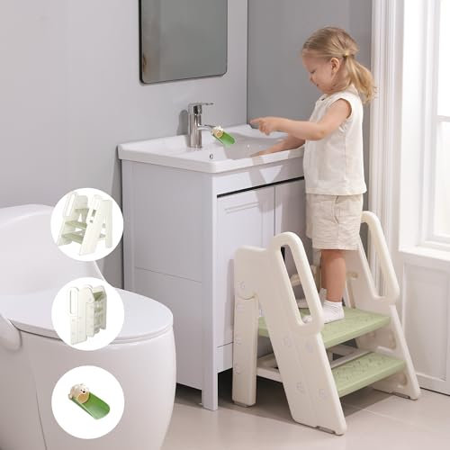hoopyosms Tritthocker für Kinder, 2/3-Stufig Höhenverstellbar, Faltbarer Kinderschemel mit Handläufen, Anti-Rutsch, Ideal für Bad und Küche, Trittleiter für Kleinkinder (Grün)