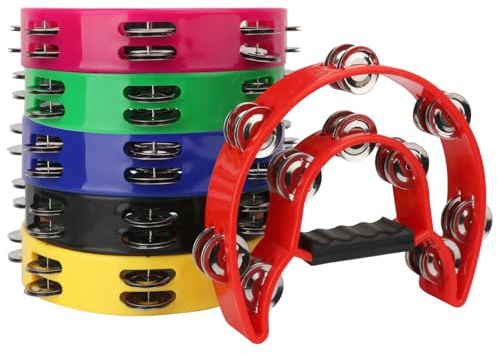 IHDYPPEW 6 Pack Double Row Tambourine – 9.06 inch Professional Handheld Tambourine 20 Metal Jingles, Half Moon Musical Tambourines, Plastic Tambourines for Adults, Music Lovers and Performers