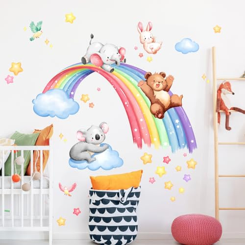 Tanlaby Wandtattoo Regenbogen Tiere Wandaufkleber Cartoon Wandsticker Bär Elefant Koala Kaninchen Wanddeko für Mädchen Jungen Kinderzimmer Babyzimmer Schlafzimmer Türen Wanddeko