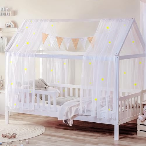 Décoration pour lit de maison avec baldaquin à étoiles lumineuses, 2 baldaquins de lit et 1 guirlande de fanions, baldaquin pour lit de bébé pour chambre d'enfant, rideaux pour lit de 90 x 200 et 120
