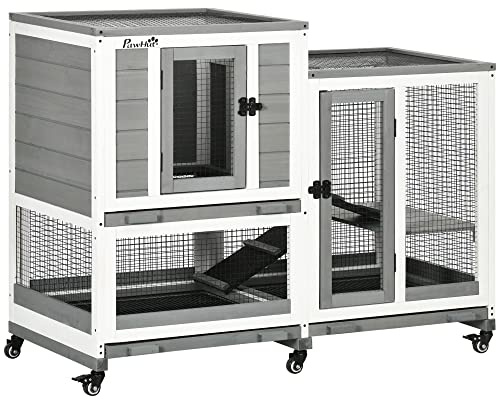 PawHut Conejera de Madera de 2 Niveles Jaula para Conejos con 6 Ruedas 2 Escaleras 3 Bandejas Extraíbles Puertas con Cerraduras y Zona Abierta Conejera para Interior 110x50x86 cm Gris