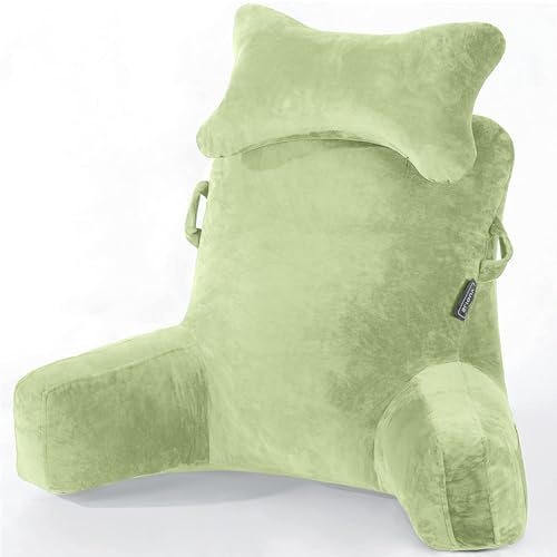 SLIGUY Reading Pillow-Bed Rest Pillow with Detachable Neck Roll & Higher Support Arm for Sitting in Bed Couch or Floor-Backrest Reading Pillow Adult Back Pillow for Watching TV/Gaming,Green