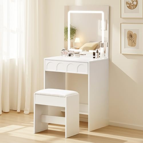 TUKAILAI Schminktisch mit Beleuchtung, Schminktisch Klein mit Spiegel, 60cm Breit Platzsparende Schminkkommode, Kosmetiktisch für Wohnung, kleines Zimmer, Weiß