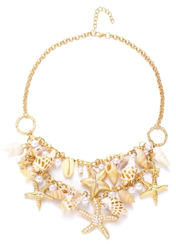 IMINI Collier Bohême Double Couche Coquillage pour Femmes Filles Réglable Chaîne Lien Plaqué Or avec Pendentif Étoile de Mer Conque & Perle Accents - Charmante Vacances Eté Côtier Bijoux Cadeau