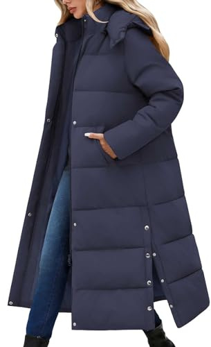 CMTOP Vinterkappa dam lång med huva tjock varm vinterjacka extra lång vindtät quiltad kappa ledig vattentät dunrock elegant lös parkas med slits