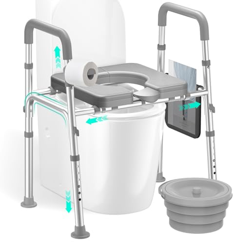 HOMEAL Seat Riser for Seniors with Bucket, Adjustable Raised Toilet Seat with Handles, Supports 450LBS, Heavy-Duty 3in1 Bedside Commode Chair for Any Toilet, Shower & Bedside (Grey, with Bucket)
