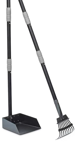 Niubya Ramasse crottes pour Chiens - Pelle métallique à Manche Long réglable (jusqu'à 96 cm), Pooper Scooper kit avec bac et râteau pour faciliter Le ramassage des déchets Animaux, Lot de 2