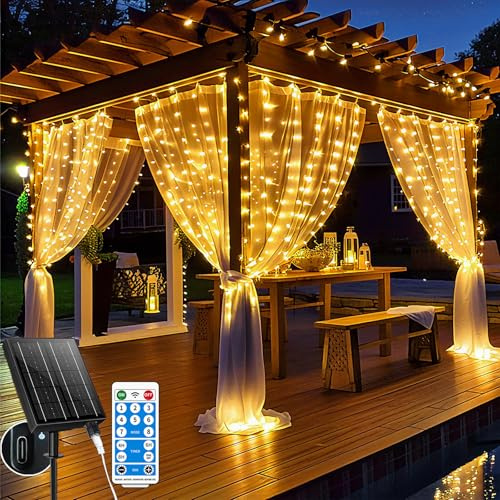 Holwim Catena luminosa a energia solare, 3 x 3 m, 300 LED, IP65, impermeabile, per interni ed esterni, 8 modalità con telecomando, per feste, Natale(Bianco Caldo)