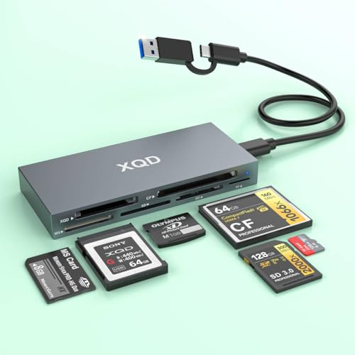 Lecteur de carte mémoire XQD 6 en 2 pour cartes XQD (Sony G/M/Lexar 2933x/1400x) SD/XD/CF/MS/TF, lecteur 10 Gbit/s avec ports USB-C et USB-A pour systèmes Windows/Mac OS/Linux/Android