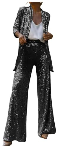Duohropke Traje de lentejuelas para mujer, blazer y pantalón de dos piezas, traje de negocios, corte ajustado, ropa de calle, traje de mujer, conjunto de 2 piezas, conjunto festivo de lentejuelas