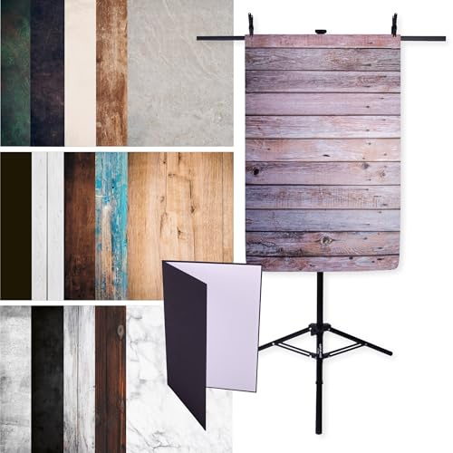 Allt i ett platt paket – 15 fotobakgrunder 84 x 60 cm på båda sidor, inklusive bakgrundshållare och A4-reflektor – studioset för mat, produkt och gör-det-själv-fotografering – perfekt för hem och
