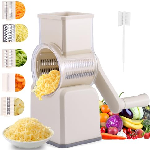 Cheese Grater,Rotary Cheese Grater with 5 Interchangeable Blades,Graters for Kitchen,Rotary Grater with Strong Suction Base for Kitchen Faster and Easy Cutting, for Cheese, Cucumber, Carrot, Nuts
