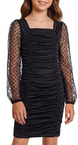Rolanko Bodycon klänning för tonårsflickor, långärmad puffig mesh fyrkantig hals elegant rynkad miniklänning