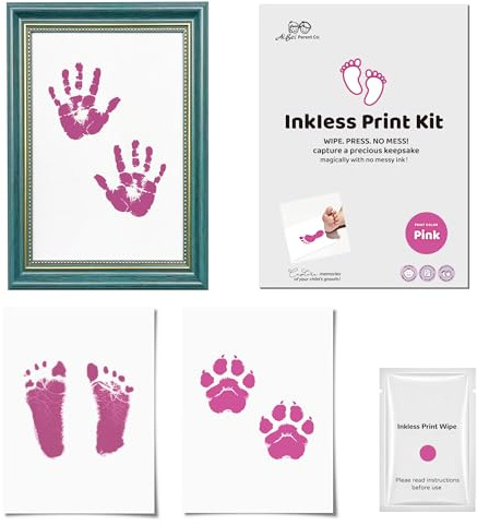 3-delars set med fotoram, Inkless Baby hand- och fotavtrycksram, Bläckfri babyhand- och fotavtryckssatsram, bläckfri, rörfri bebisram, babyminnessak, babyfotavtryckssats (Rosa)