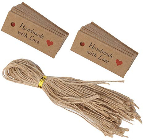 Qudinip 100 St Presentetiketter med Garn, Slitstarka Kraftpapperskort, Perfekt för Presenter och Festfavoriter, 2 X 0,8 Tum, Perfekt för Bröllop