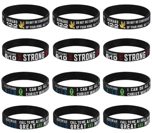kilofly 12 pcs Christian Scripture Quote Bible Verse Silicone Bracelet Wristband