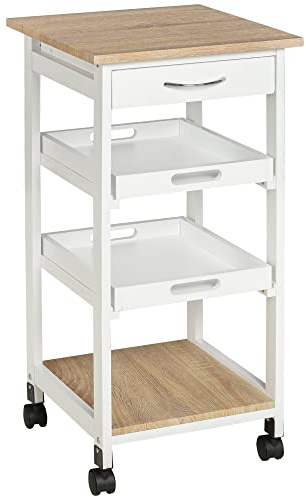 HOMCOM Chariot de Service desserte de Cuisine à roulettes 2 Plateaux Amovibles, tiroir, étagère chêne Clair Bois pin Blanc
