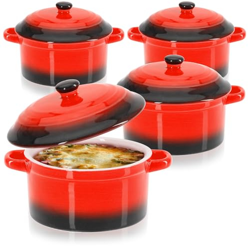 COM-FOUR® 4x casseruola con coperchio in ceramica - ciotola da dessert per es. Pinna di ragù in rosso, 250/175 ml per piatto (4 pezzi - rosso)