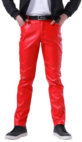 Mens PU Faux Leather Trousers Slim Fit Fake Leather Wet Look Pants Red 38