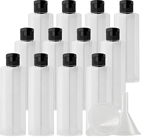 ZEOABSY 12 Pezzi 200 ml Trasparente Bottiglie di plastica PET con Tappo Flip Top Nero, Spalla Piatta Contenitori per Cosmetico, Bottiglie da Viaggio per Lozioni, Liquido, Olio