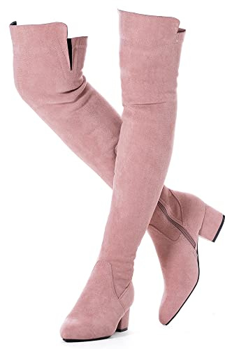 Mtzyoa Women Over The Knee Boots Suede Thigh High Low Block Heel Stretch OTK Walking Comfort, Coffee/2 '' Heel
