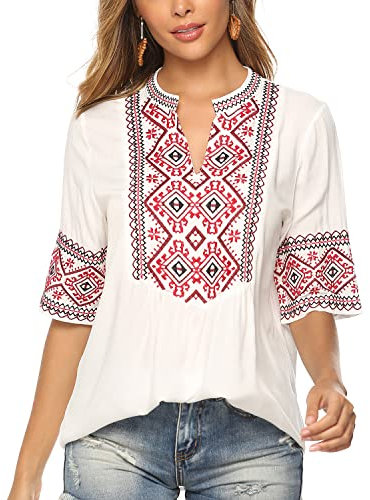 Seasonal Ukraine Bluse Sommer Damen Tunika Bohemian Stickerei Folklore Tops Boho Hippie Kurzarm Lose Oberteil (073-Weiß,L)
