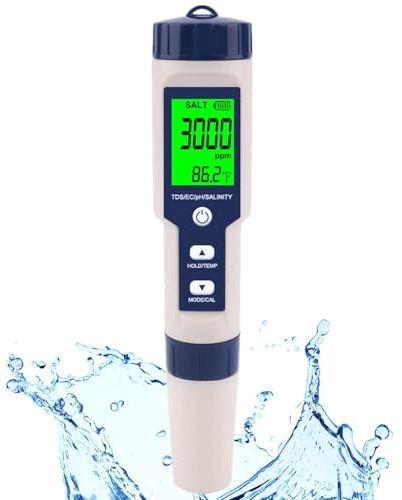 Pool Salt Tester & PH Meter, Hofun Digital Salinity Meter and PH Tester for Aquarium and Pool Saltwater Water, 5 in 1 Salinity PH Temp EC and TDS Meter, Aquarium Swimming Pool Hot Tub, High Accuracy