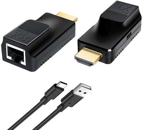 KUYIA Extender HDMI 60 m con 1080p @ 60Hz 3D HDMI Ripetitore RJ45 a HDMI convertitore trasferimento singolo da Cat5e/Cat6/Cat7 cavo OFC con adattatore di alimentazione 5V