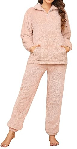 Tuopuda Pyjama Femme Hiver Pilou Ensembles de Pyjama Polaire, Vêtements de Nuit Deux Pièces Zippé Chemise De Nuit, Flanelle Pijamas Sleepwear Cadeau Noël, Rose, L