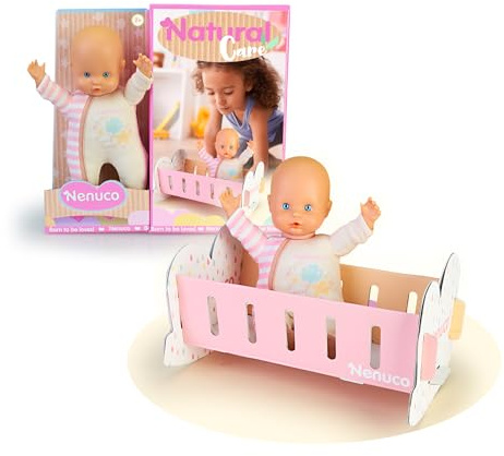 NENUCO - diseños en Colores Naturales, Incluye una Cuna de cartón fácil de Montar. Un muñeco Bebe de 25cm y Cuerpo blandito. (NFN81000)