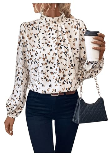 SweatyRocks Elegante camicia da donna in chiffon, colletto alto, a maniche lunghe, con motivo ovunque, bianco, M