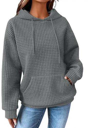 Zeagoo huvtröja dam oversize huvtröja casual våffeltröja långärmad tröja vinter huvtröja topp med ficka S–XXL, Mörkgrå, L