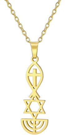 EUEAVAN Messianisches Siegel Halskette Messianisches Siegel von Jerusalem Anhänger Halskette Davidstern,Ichthus mit Kreuz,Menora,Jüdischer Stern Halskette Religiöser Chanukka Schmuck (A-Gold)