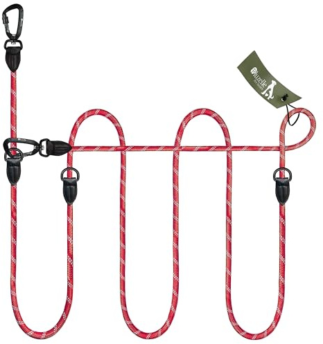 BLUZELLE Verstellbare Hundeleine 3m, Mittelgroße & Große Hunde, Freihandleine Doppelleine für 2 Hunde, 2 Starke Aluminium-Sicherheitskarabiner, Reflektierende Paracord-Leine, Farbe:Rot