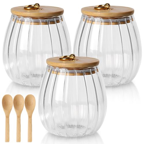 GBACHOOSE 3 tarros de cristal con tapa, 650 ml, tarros de almacenamiento con tapa de bambú, pétalos de flores con tapa de madera para granos de café, frutos secos, galletas