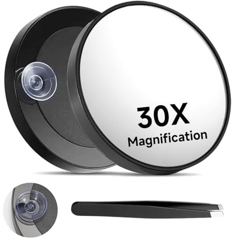 AUCANNIO 30x Magnifying Mirror for Easy Mounting, Round 30X High Magnification Mirror with Suction Cups and Tweezers Set for Plucking Eyebrows 6 Inch