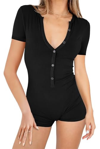 LACOZY Summer V Neck Jumpsuits for Women Short Sleeve Romper Gym Shorts Bodysuit One Piece Pajama Set Workout Bodycon Black L