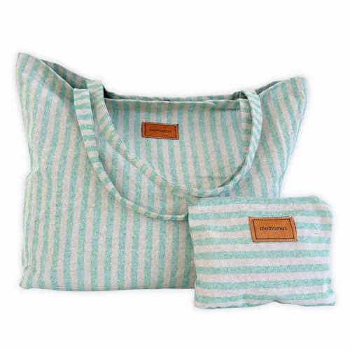 MOMOMUS Borsa da Mare Grande - 100% Cotone Riciclato, XXL, con Pochette Abbinata - Borsa da Donna Estiva Capiente per Famiglia e Spiaggia - Verde, 60x40 cm