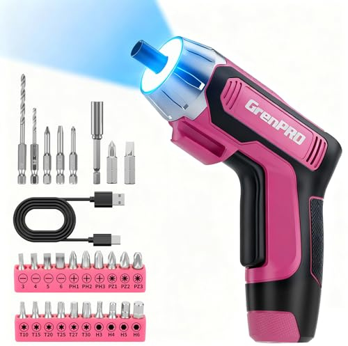 GRENPRO 4V Electric Screwdriver Rechargeable 29pcs, Cordless Screwdriver, USB Small Power Screwdriver Set with Bits, Pink, Ideal for Home Repairs