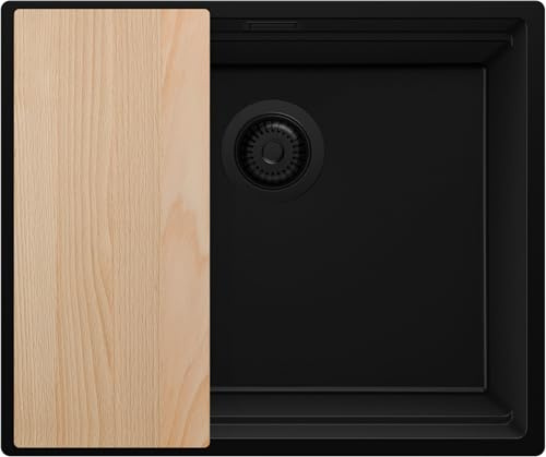 PRIMAGRAN Fregadero Cocina Todo Negro 56x47cm, Granito 1 Seno + Sifón + Tabla de Cortar, Sobre Encimera al Mueble 60cm - Prague Level Slim S251