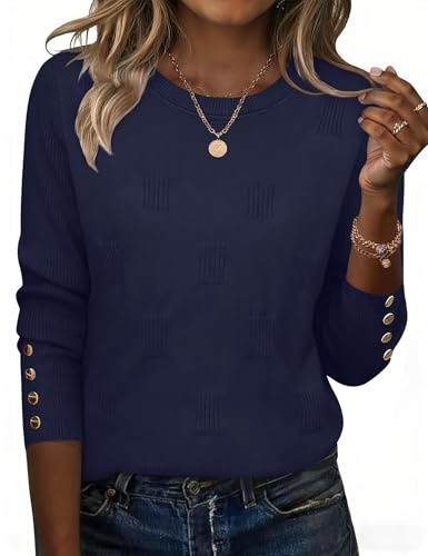 Rapbin Pull à manches longues élégant pour femme, printemps et hiver, mode 2026, col rond, décontracté, bleu marine, L