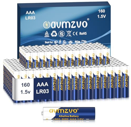 avmzvo AAA batterier LR03-batterier, 160 stycken 1,5 V alkalisk, hållbar kraft, kraftfull, kan användas för leksaker, väckarklockor och andra elektroniska enheter 【10 års garanti】