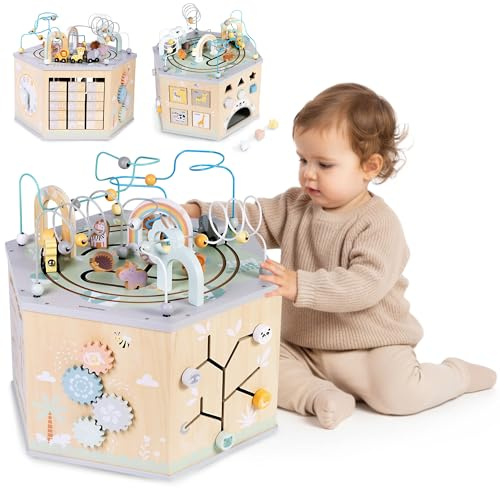 Mamabrum Grande cubo educativo - Giocattolo Montessori con coda magnetica, loop motore e 10 attività - per bambini a partire da 12 m +