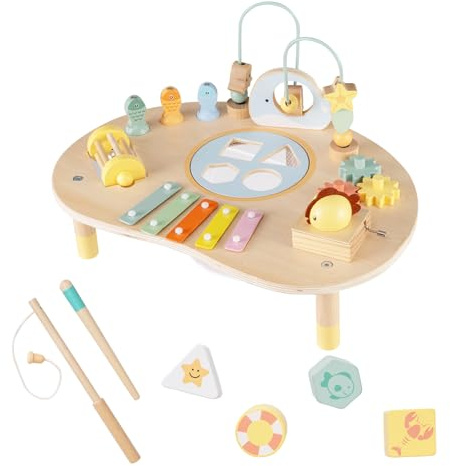 FANTASK Montessori Table d'activité en Bois pour Enfants à partir de 1 an, Jouet éducatif avec Boucles de motricité, Jeu de pêche, Xylophone, boîte à Musique et trieur de Formes, Table de Jeu pour
