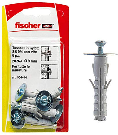Fischer 6 tacos SB 9 con tornillo T.S.C. Corte combinado, universales para la fijación de lámparas, espejos, muebles en pared y hormigón, 504444