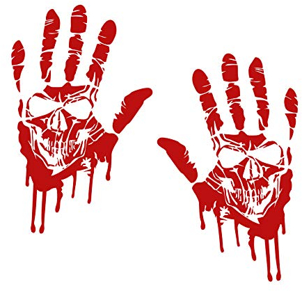 2 Blutige Hände je 22cm Blutspuren Aufkleber Auto Sticker Frontscheibenaufkleber ((K014) 2er Set Blutige Hände Totenkopf)