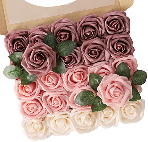 N&T NIETING Künstliche Blumen Rosen, 25 Stück Real Touch Rose Blume mit Stiel für DIY Hochzeitssträuße Brautdusche Tafelaufsätze Blumenarrangements Partytische Heimdekorationen, Gemischtes Rosa