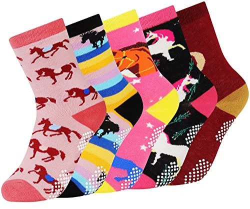 Jeasona 5 Paare Stoppersocken Abs Socken Kinder Pferde mit Noppen Mädchen Pferde Baumwolle Bunt Pferde Mädchen Geschenk 6-8 Jahre Süße