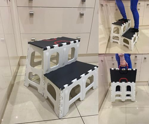Freshnewlooks Marchepied pliable à deux marches avec pieds antidérapants et pliable - Supporte 150 kg - Robuste - Noir et blanc