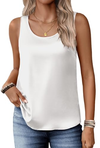 Zeagoo Silk Satin Tank Tops for Women Scoop Neck Sleeveless Camisole Tops 2025 Summer Basic Blouses White